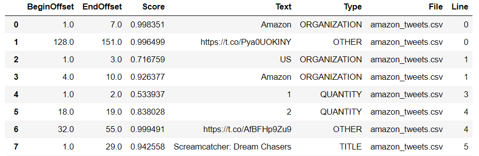 Amazon Comprehend Entities detection dataframe